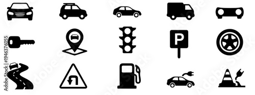 Comprehensive Collection of Automotive, Traffic, and Transportation Silhouette Icons