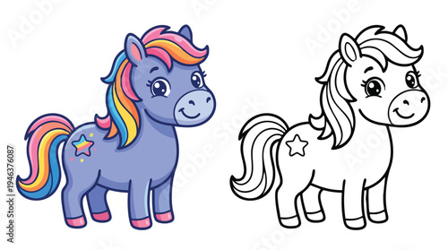 Cute Coloring Book Page with a Rainbow Pony