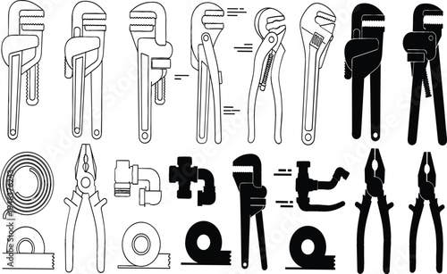 Plumbing tools and pipe wrench set with pliers, fittings and tape, professional plumber equipment icons collection for repair and maintenance design