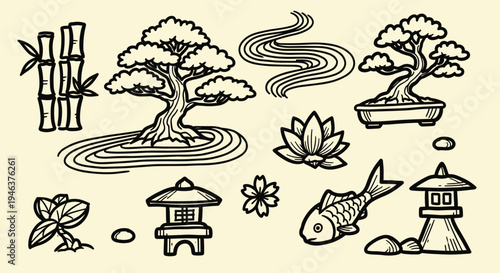 Japanese Garden Elements Collection Bamboo Bonsai Trees Lanterns and Koi Fish Illustrations