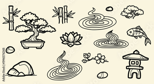 Japanese Zen Garden Elements Collection Hand Drawn Style