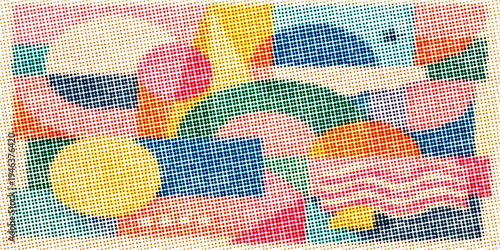 Colorful fabric texture and abstract mosaic background featuring a seamless pattern of digital squares and dots in a blue textile art illustration