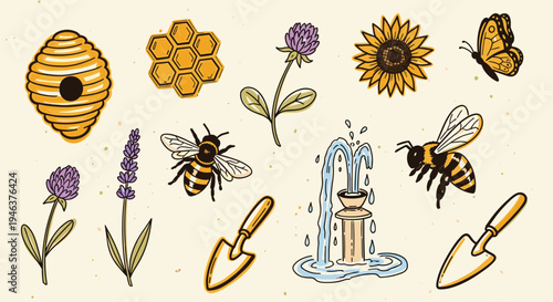 Charming Garden Elements Collection With Bees Butterflies And Flowers