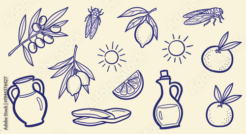 Mediterranean Summer Harvest Elements Olive Oil Oranges Lemons Cicadas Sun