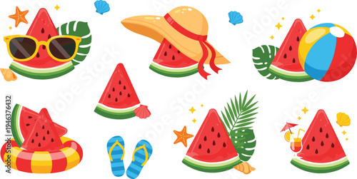 Summer watermelon elements set with beach hat, sunglasses, flip flops, cocktail and beach ball, colorful tropical vacation design collection