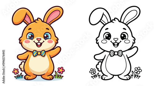 Cute Cartoon Bunny Wearing Bow Tie with Outline Coloring Page