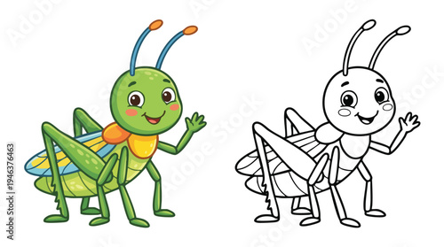 Little Green Grasshopper Coloring Page Cute Illustration