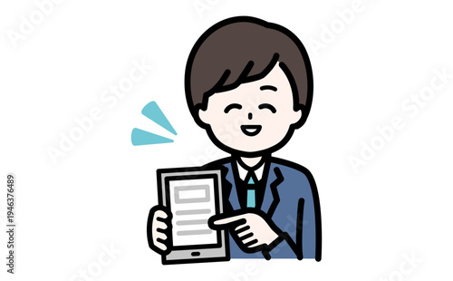 説明しながらタブレットを操作するスーツの爽やかなビジネスマン