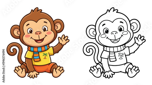 Coloring Page Adorable Monkey Wearing Scarf Waving Hand
