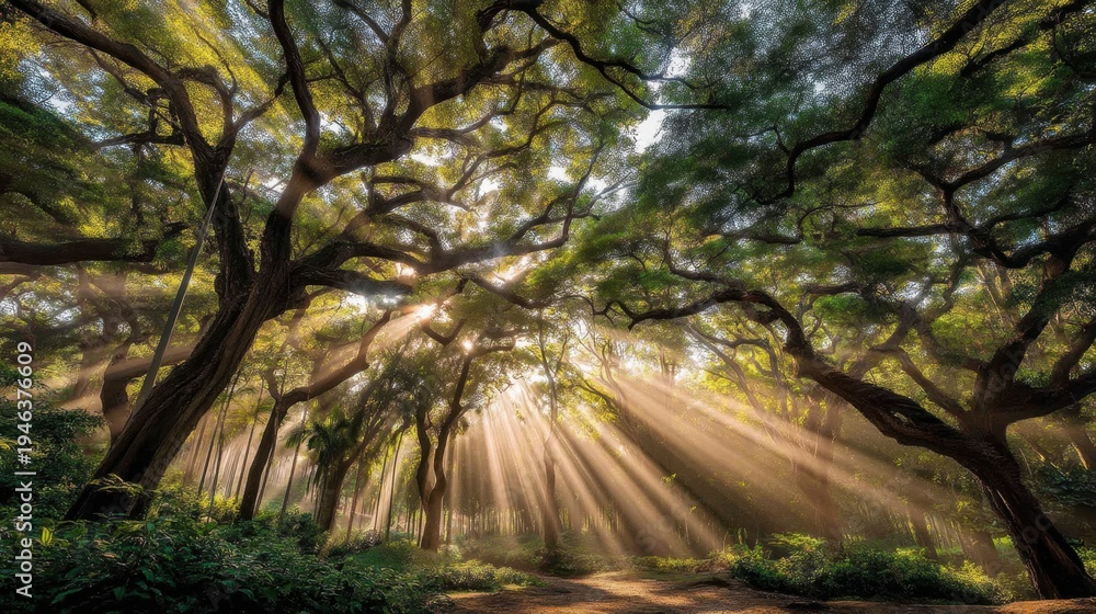 Obraz premium Sunlight Streaming Through Majestic Trees in Lush Forest with Serene Atmosphere and Enchanting Nature Vibes