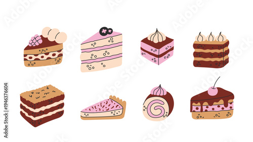 Cake Slice Colorful Vector Set. Modern hand drawn Chocolate Layered Sponge Dessert. Flat Pastry Items Food Illustration collection. Patisserie sweet treat