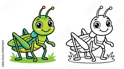 Coloring Page of Cute Green Grasshopper Standing on Grass
