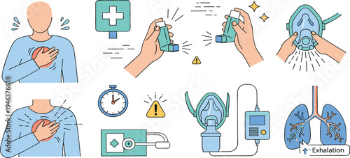 Asthma treatment and respiratory care set with inhaler, oxygen mask, lungs and breathing therapy illustrations for medical and healthcare design