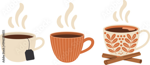 Flat Vector Illustration Collection of Three Cozy Steaming Hot Beverage Mugs Including Tea with Bag and Spiced Coffee with Cinnamon Sticks on White Background