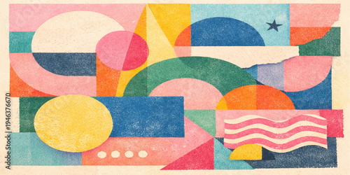 Seamless geometric wallpaper design featuring an abstract colorful background of mosaic tiles and paint circles in a rainbow vector illustration