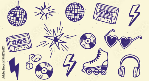 Retro 80s 90s Party Icons Collection Disco Ball Roller Skates Cassette Tapes Sunglasses