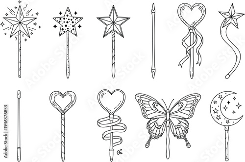 Set of magic wand line art icons featuring stars, hearts, butterflies, and crescent moons for fairy tales, fantasy, and magical designs