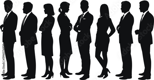 Collection of professional business people silhouettes standing in a row, featuring men and women in suits for corporate team and leadership