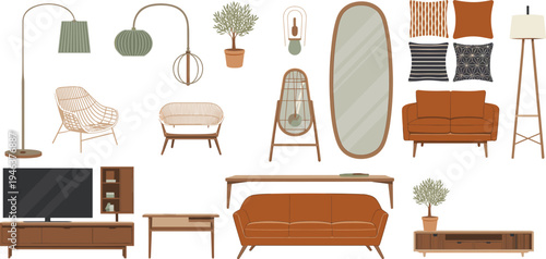 Flat vector illustration collection of modern mid-century furniture and home decor elements including sofas, lamps, mirrors, and wooden cabinets isolated on white background.
