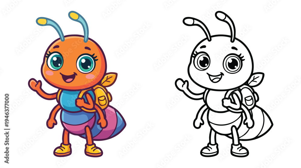 Fototapeta premium Coloring Book Illustration of a Happy Cute Ant Character