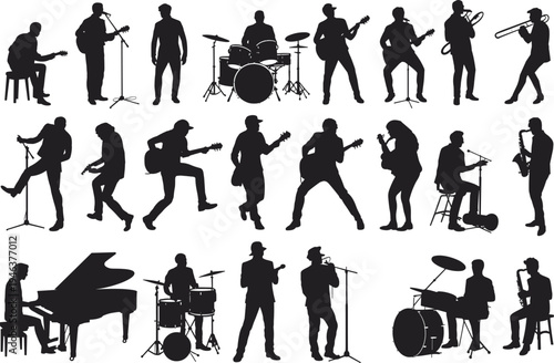 Set of black musician silhouettes playing various instruments including guitar, drums, piano, saxophone, and trombone for jazz band and live concert