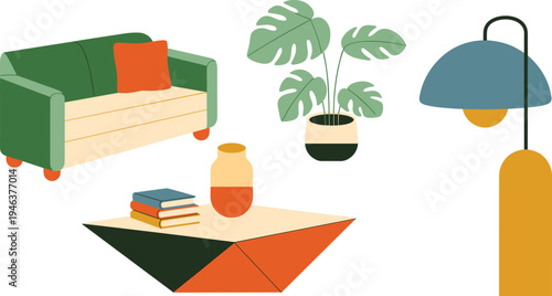 Flat Vector Illustration Set of Modern Living Room Furniture Including Green Sofa Geometric Coffee Table Monstera Plant and Blue Floor Lamp for Interior Design