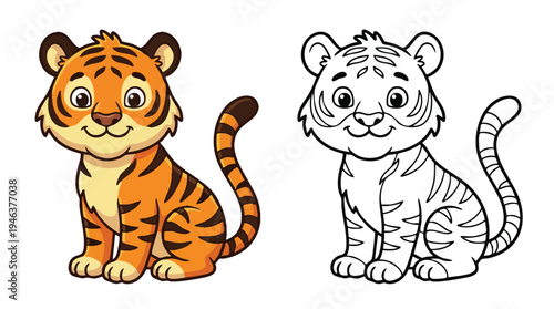 Cute Tiger Cartoon Style Coloring Page Vector Illustration Graphic