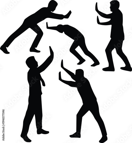 Black silhouette of businessmen pushing invisible wall, concept of overcoming challenges, teamwork, problem solving, business barriers, obstacles, and professional determination.