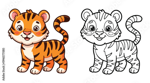 Cute Cartoon Tiger Kids Coloring Book Page Vector Illustration