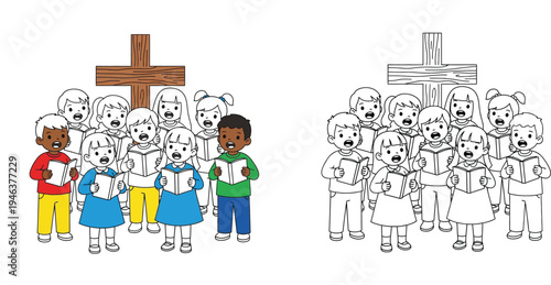 Diverse Children's Choir Singing with Cross Background - Religious Education & Worship Illustration