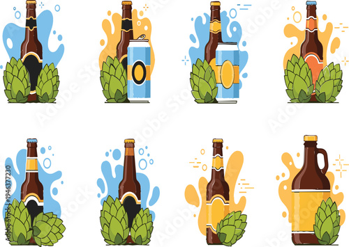 Craft beer composition set with beer bottles, mugs and hops cones, colorful brewery elements collection for pub, brewing and beverage design