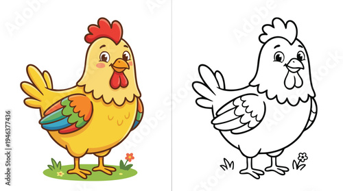 Coloring Book Page Cute Cartoon Chicken Line Art for Kids