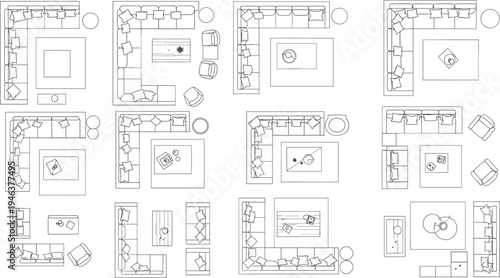 Furniture floor plan icons set with top view sofas, coffee tables, armchairs, and rugs, architectural symbols for interior design layout.