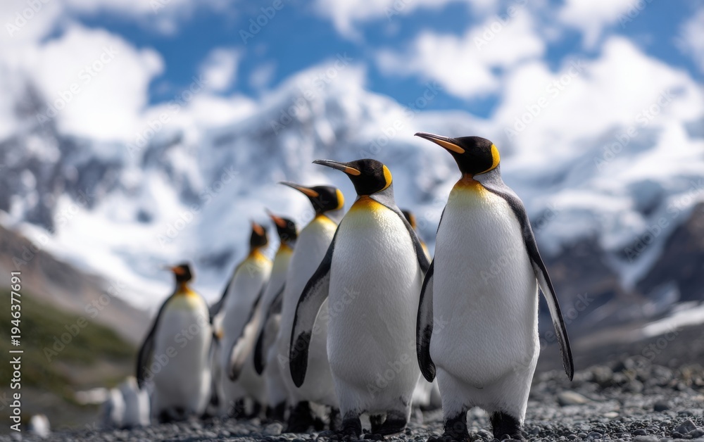 Obraz premium King penguins marching gracefully across rugged snowy mountainside