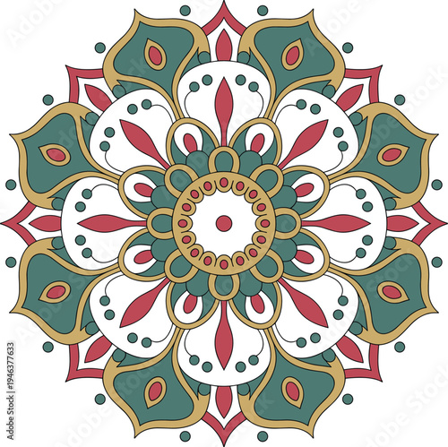 Intricate circular mandala design with green, red, white, and gold patterns, featuring symmetrical layers of petals and teardrop motifs for spiritual and artistic projects