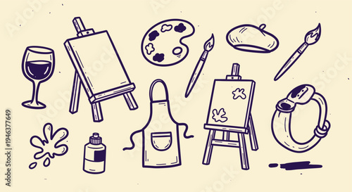 Artistic hobby supplies including easels paint palette brushes apron and wine glass