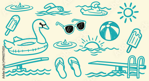 Summer Pool Party Fun Doodle Elements Collection With Sun Sunglasses Beach Ball And Ice Cream
