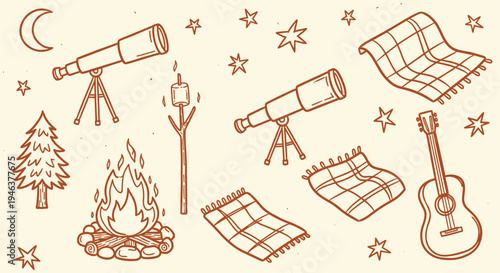 Cozy camping scene with campfire, telescope, guitar, and starry night sky