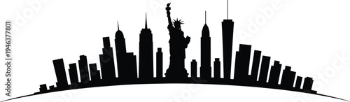 New York City skyline silhouette panorama with Statue of Liberty and Manhattan skyscrapers, black vector illustration isolated for travel tourism, urban architecture and famous landmark design
