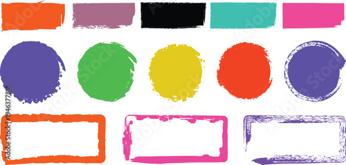 Collection of colorful grunge brush stroke shapes and frames on white background paint splash