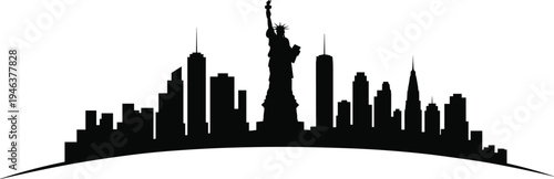 New York City skyline silhouette panorama with Statue of Liberty and Manhattan skyscrapers, black vector illustration isolated for travel tourism, urban architecture and famous landmark design