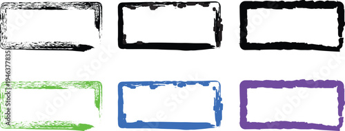 Six textured rectangular frames in black green blue and purple on white background border rectangle grunge
