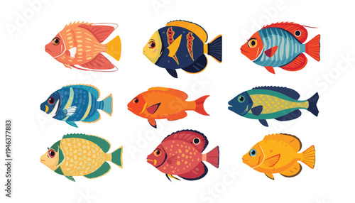 Vibrant collection of diverse tropical fish illustrations, showcasing exotic marine life with colorful patterns and intricate details, perfect for ocean-themed designs and aquatic projects