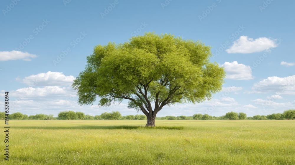 Fototapeta premium Lush Green Tree Standing Alone in Expansive Field Under Bright Blue Sky with Fluffy White Clouds