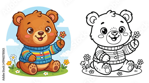 Cute Coloring Book Page with a Friendly Bear Holding a Flower