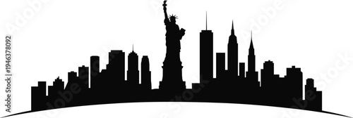 New York City skyline silhouette with Statue of Liberty and Manhattan skyscrapers panorama, black vector illustration isolated for travel tourism, urban architecture and landmark cityscape design