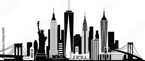 New York City skyline silhouette with Statue of Liberty, Brooklyn Bridge and Manhattan skyscrapers including One World Trade Center, black vector illustration for travel tourism
