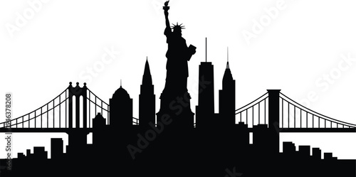 New York City skyline silhouette with Statue of Liberty, Manhattan skyscrapers and Brooklyn Bridge panorama, black vector illustration isolated for travel tourism and urban landmark design
