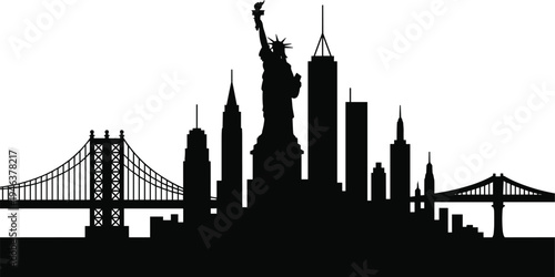 New York City skyline silhouette with Statue of Liberty, Manhattan skyscrapers and bridges panorama, black vector illustration isolated for travel tourism, urban architecture and landmark design