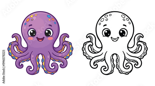 Cute Happy Octopus Coloring Book Page Design